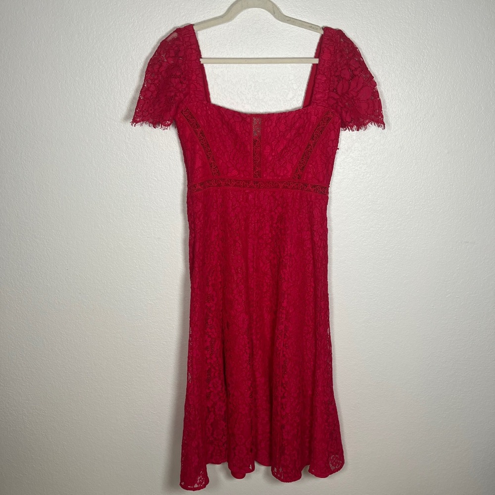 Self-Portrait Red Floral Cord Lace Bustier Midi Dress Cap Sleeve Sweetheart Sz 8 - Picture 11 of 16